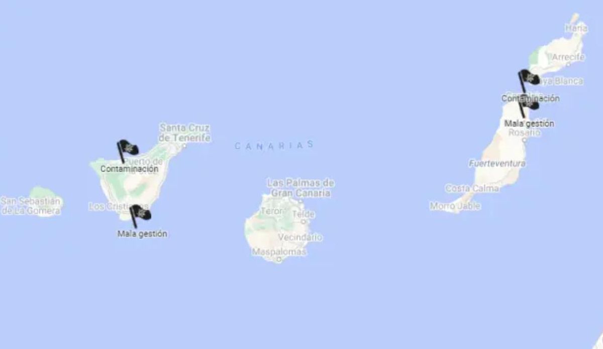 Map of beaches with black flags in the Canary Islands