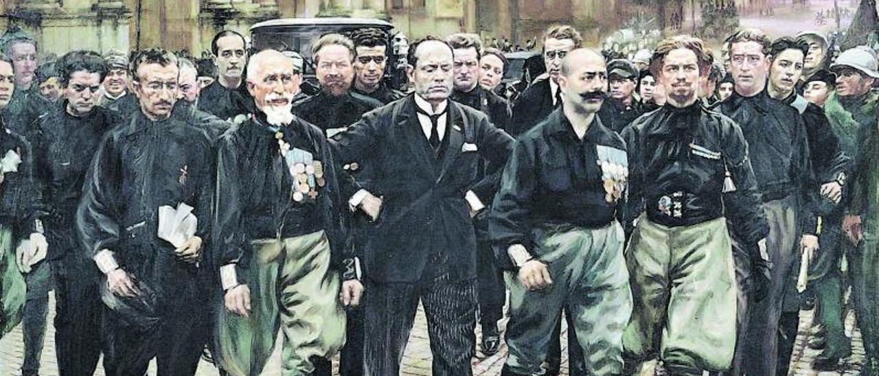 Marcha de los «camisas negras» sobre Roma el 28 de octubre de 1922, recreada por el pintor futurista Giacomo Balla. Mussolini, en el centro, rodeado por los dirigentes fascistas. | LP/DLP