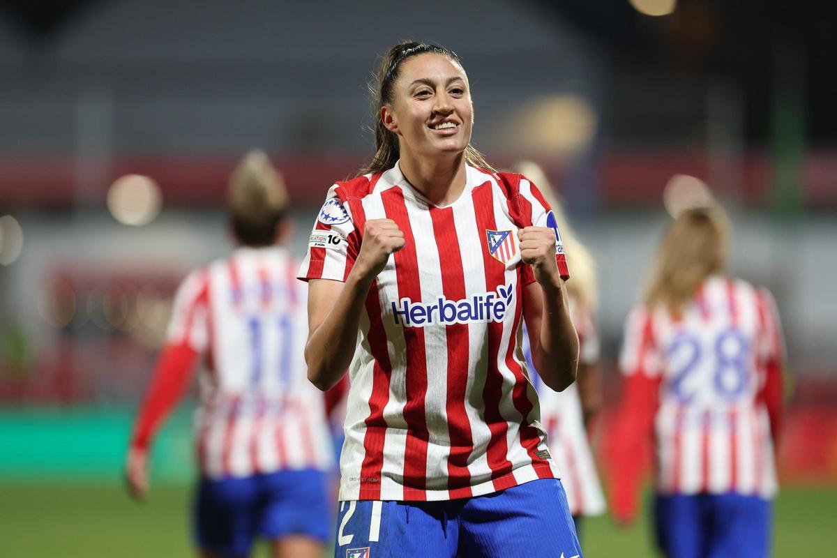 La alicantina Fiamma Benítez festeja un gol marcado en la Champions con el Atleti el pasado diciembre.