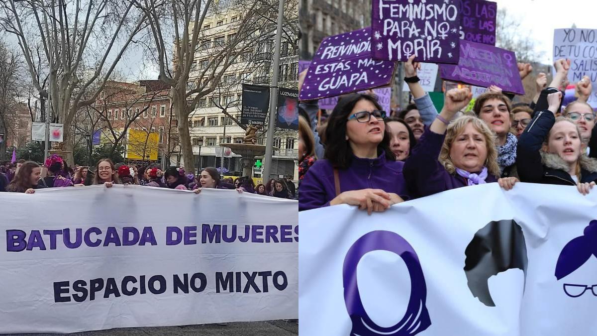 Dos marchas, de izquierda a derecha, 'Comisión 8M' y 'Movimiento Feminista de Madrid'.
