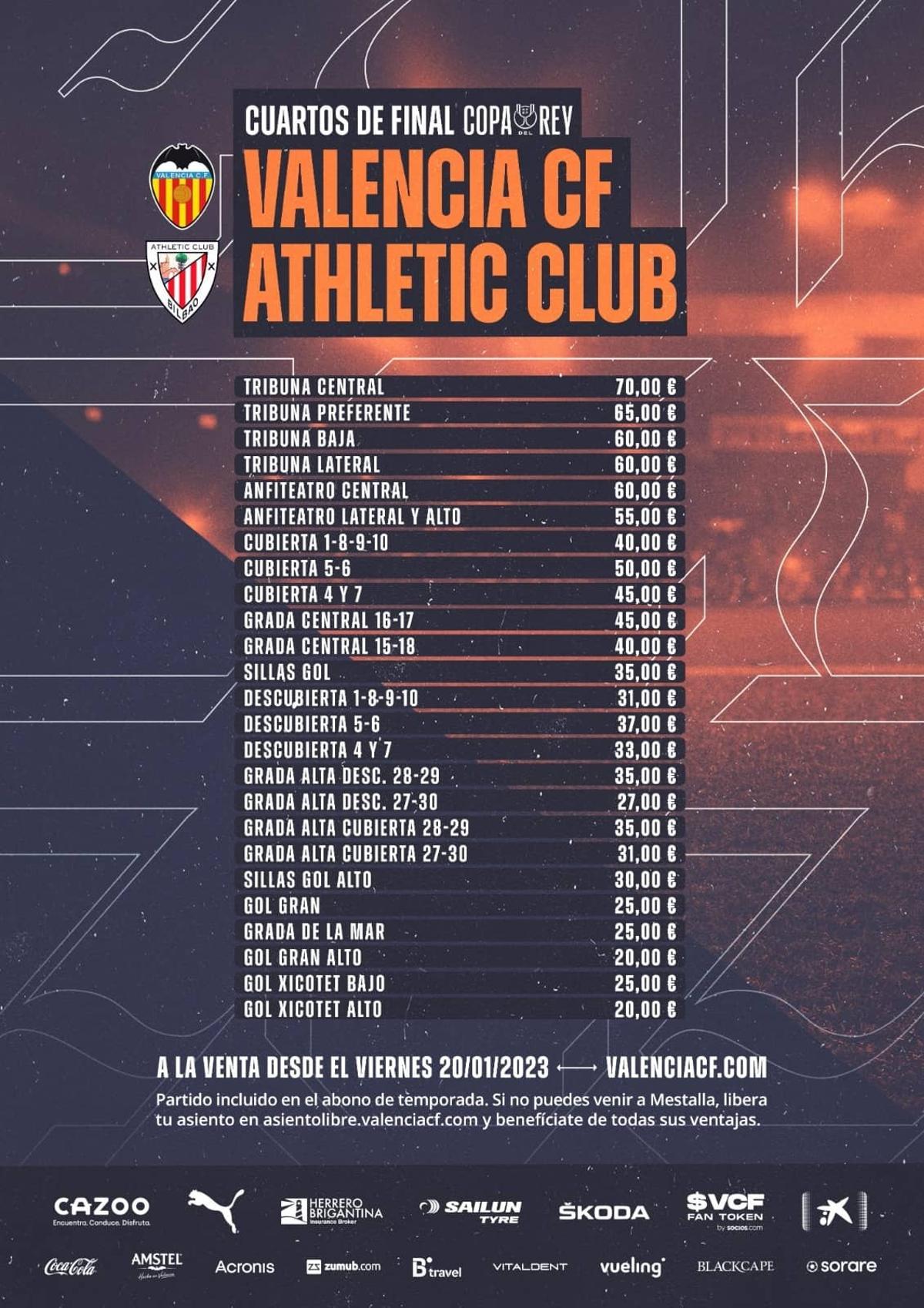 Precios de los cuartos de final: Valencia-Athletic, de la Copa del Rey