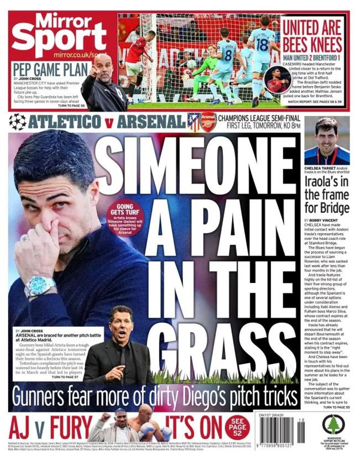 Portada del Mirror antes del Atlético-Arsenal de Champions.