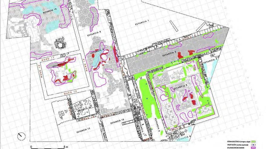 Plano que refleja (en colores) todas las zonas dañadas del yacimiento. | P. E.