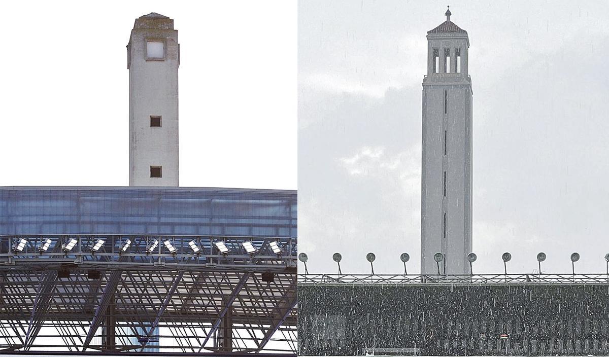 Vista de la Torre de Maratón de Riazor, desde el interior del estadio; a la derecha, la de Castalia.