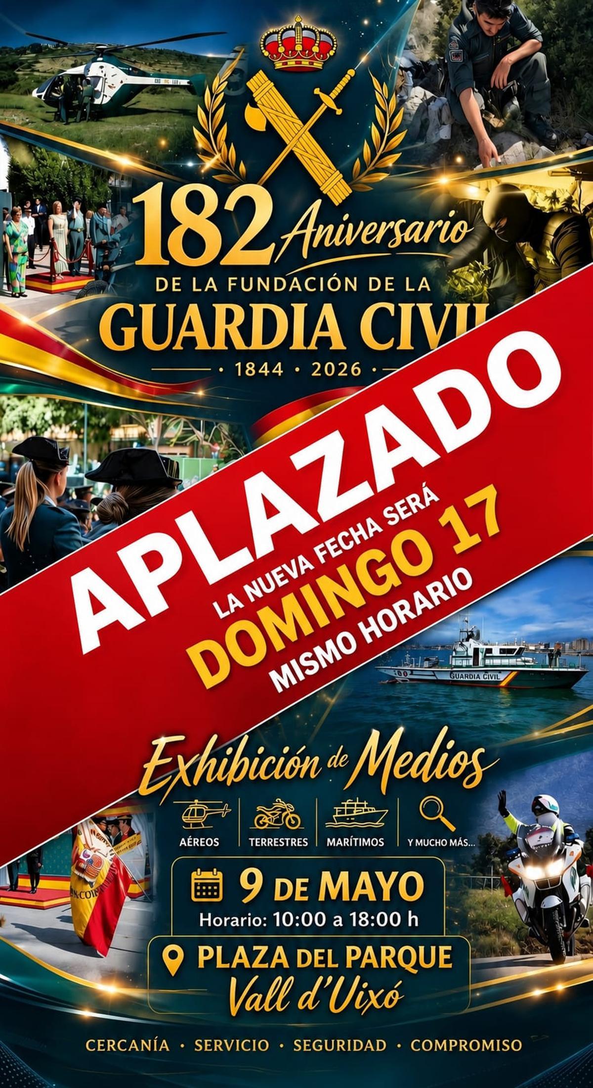 Cartel anunciador de la celebración en la Vall d'Uixó del aniversario de la Guardia Civil, con la nueva fecha.