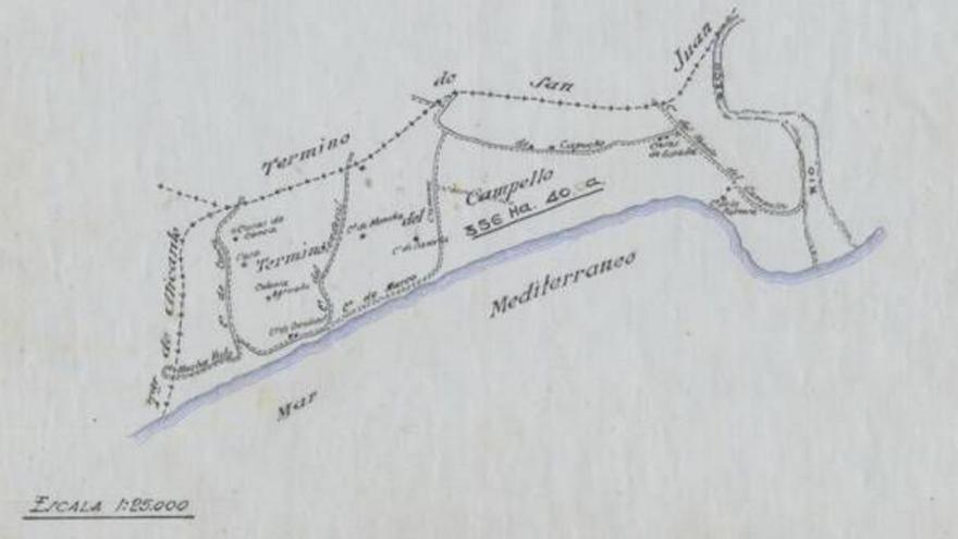 Croquis del caserío que dio lugar a El Campello en el año 1901.