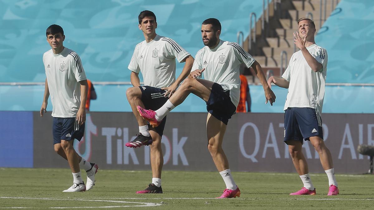 La selección española, durante un entrenamiento.