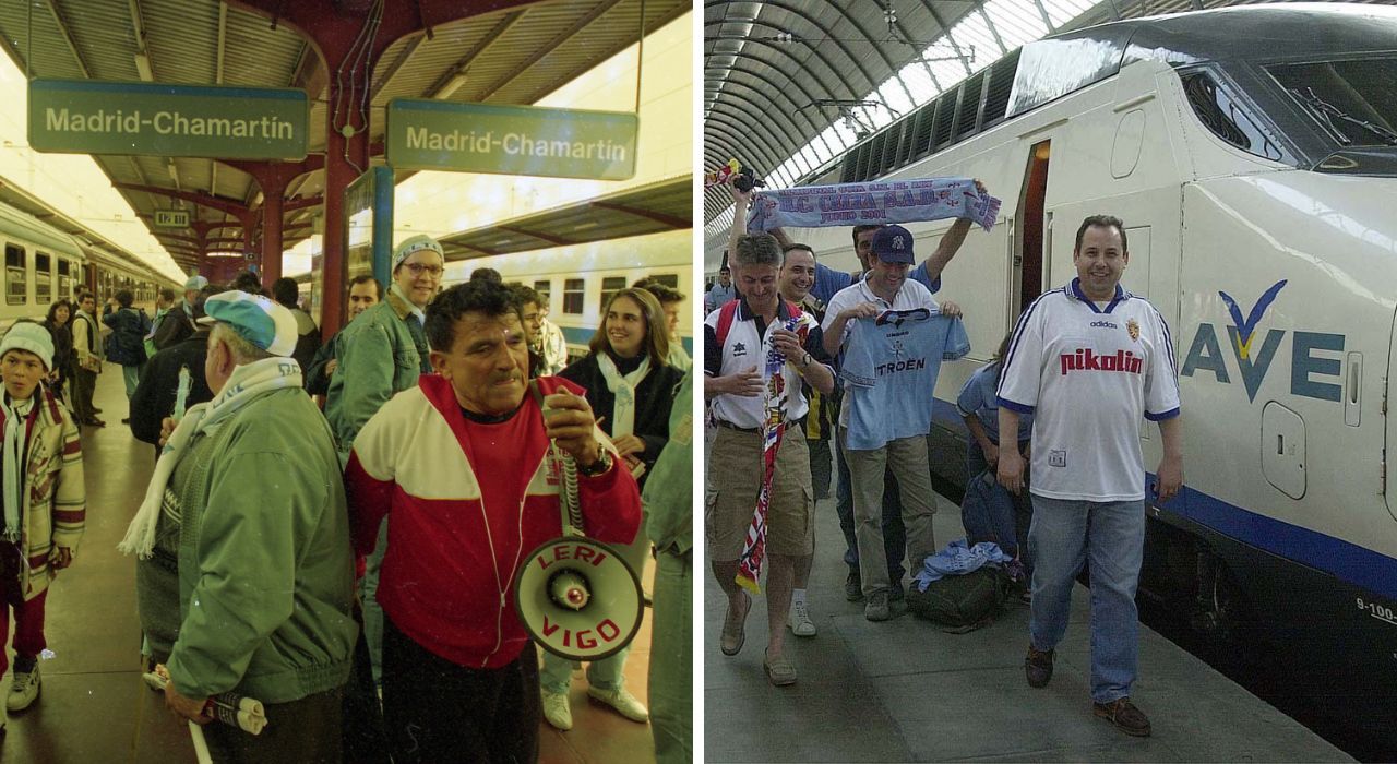 Celtistas llegando en tren a las finales de Copa del Rey ante el Zaragoza en 1994 y el 2001