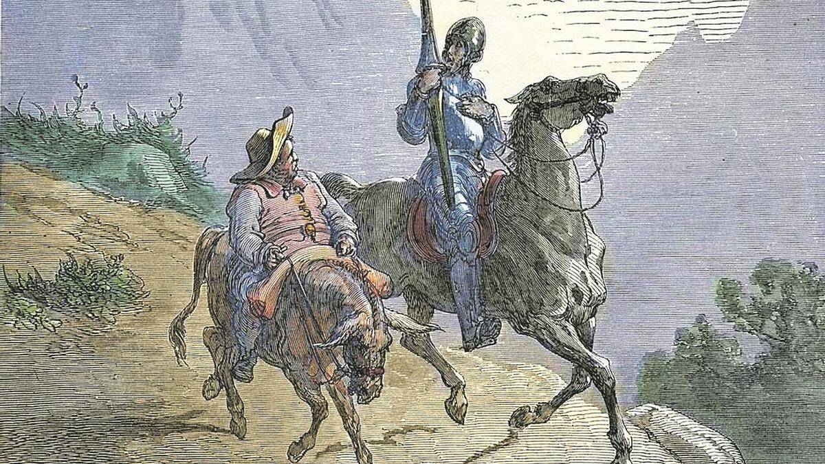 Don Quijote y Sancho Panza, en un grabado de Gustavo Doré coloreado.