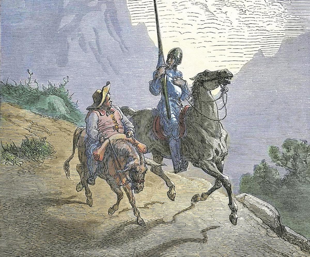 Don Quijote y Sancho Panza, en un grabado de Gustavo Doré coloreado.