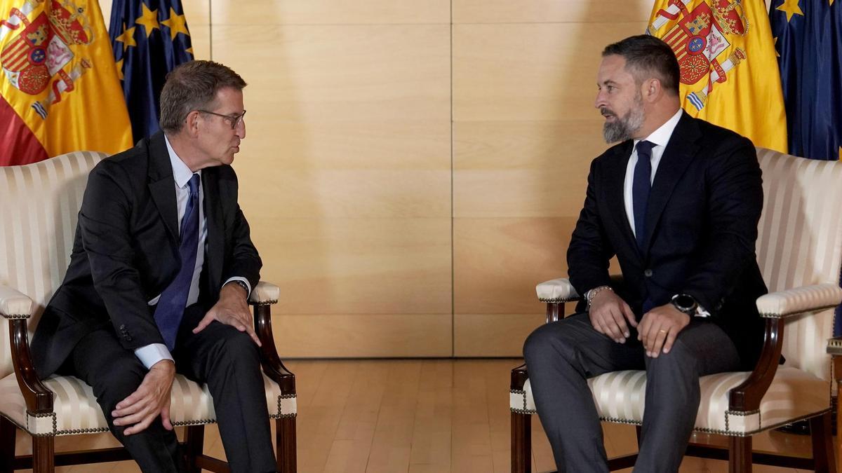 Alberto Núñez Feijóo y Santiago Abascal, en una reunión en el Congreso.