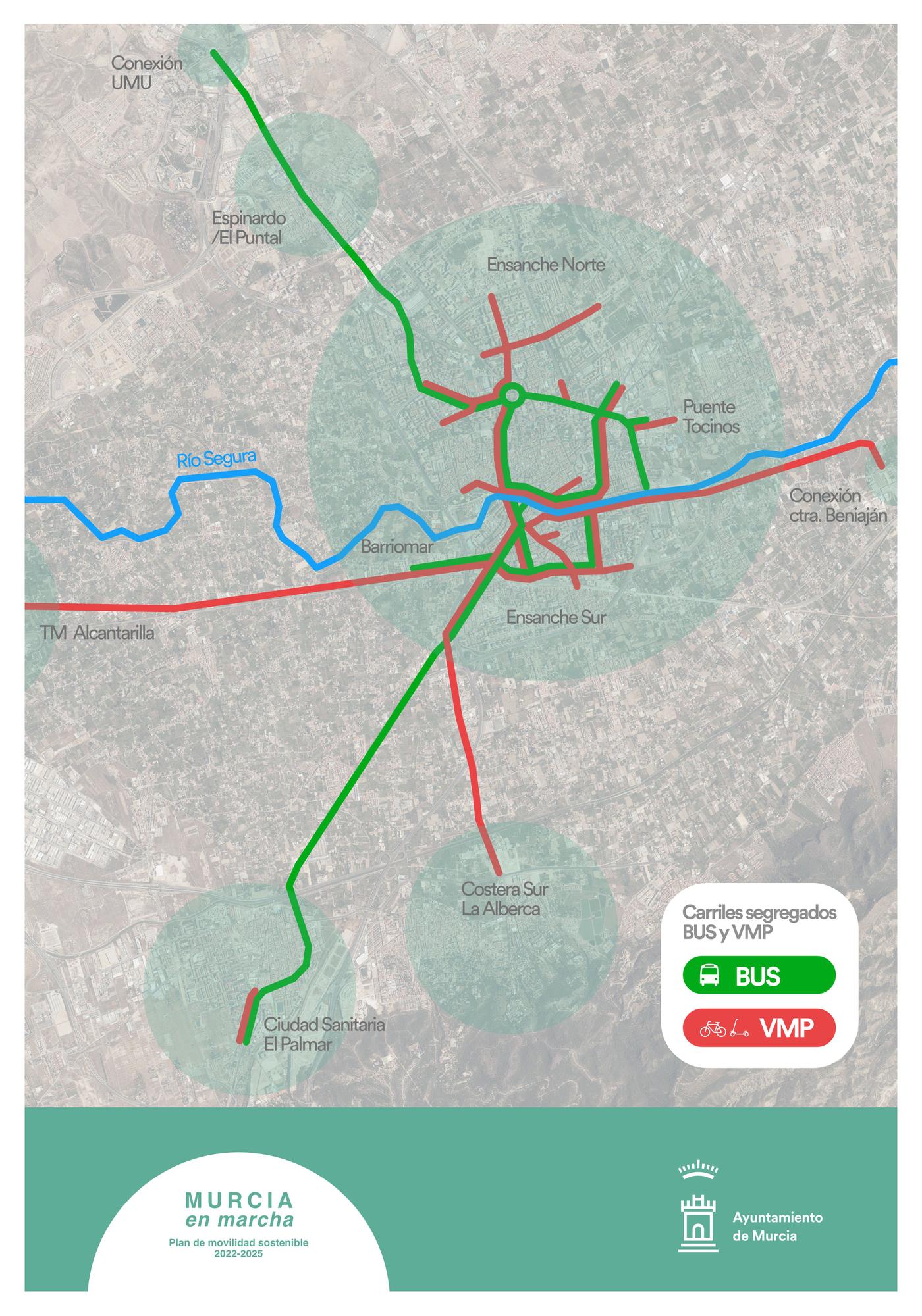 Mapa de los carriles segregados de autobús y VMP.