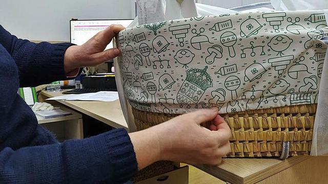 La Baby Box cambió ahora su formato y es un moisés. En su decoración se incluye el escudo de A Estrada. | // AC