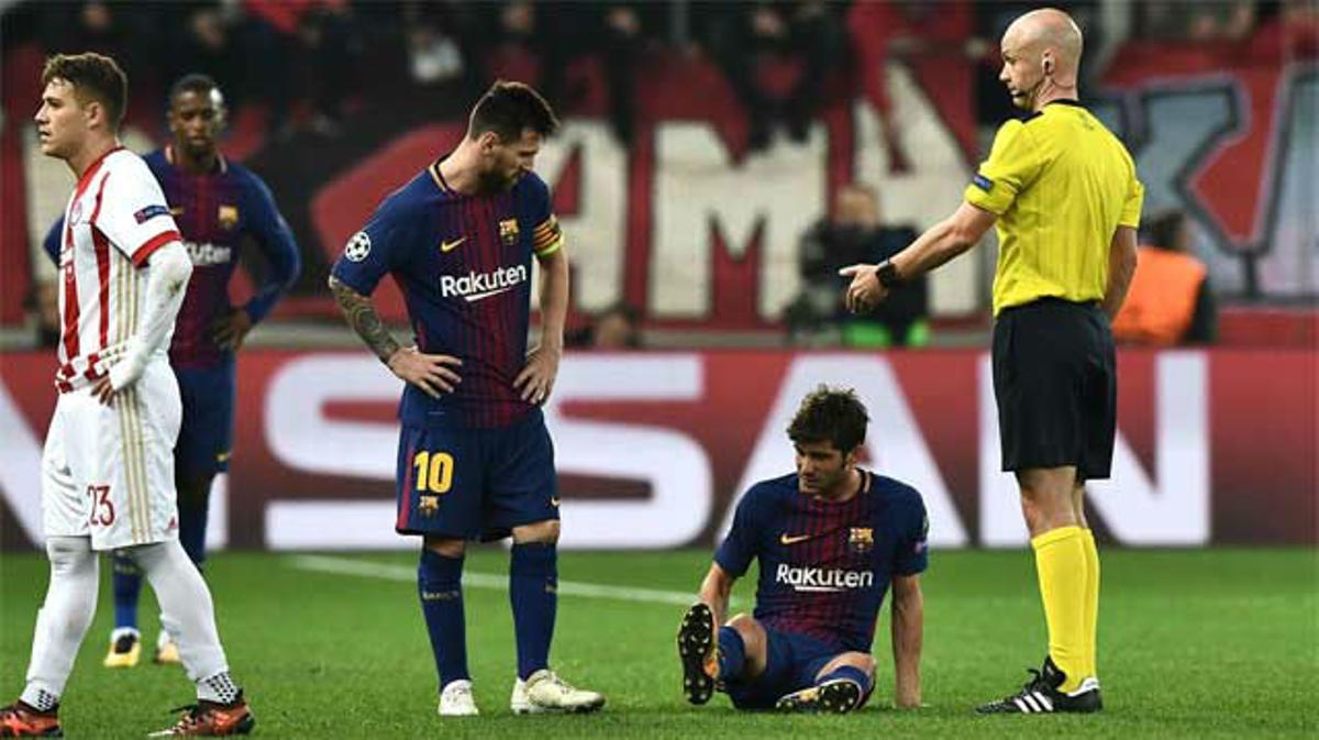 LACHAMPIONS | Olympiacos-FC Barcelona (0-0): Así se lesionó Sergi Roberto