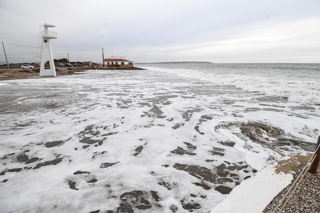 Un mar embravecido por el temporal Harry engulle playas en Elche y amenaza a las casas de primera línea de El PInet