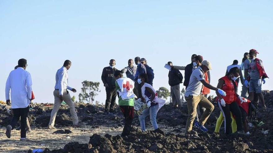 Tareas de búsqueda entre los escombros del avión comercial accidentado en Etiopía. // Efe