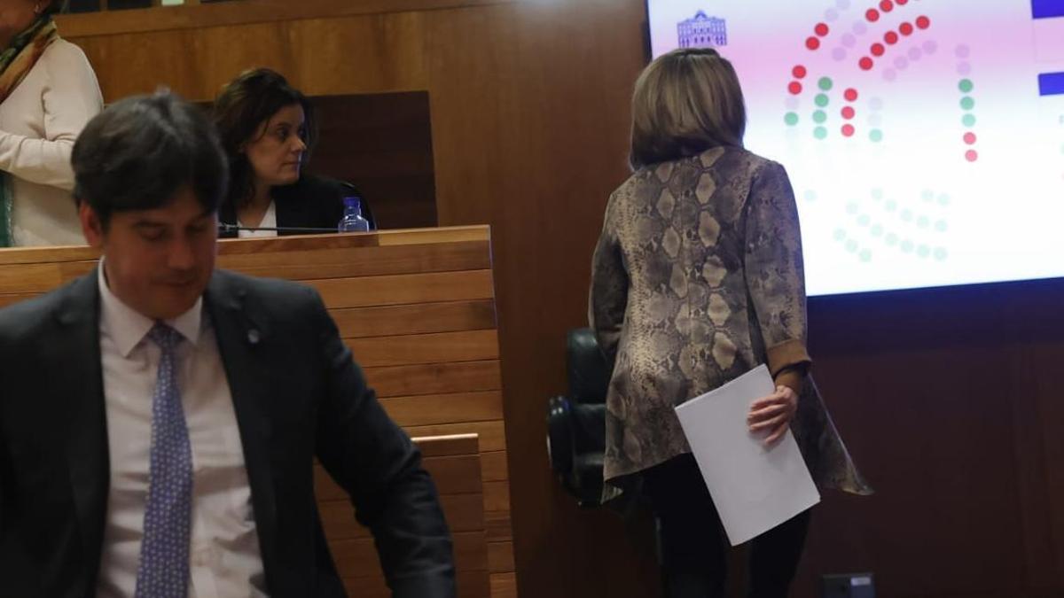 Beatriz Polledo mira esta mañana en la Junta a Teresa Mallada, que abandona el Pleno.