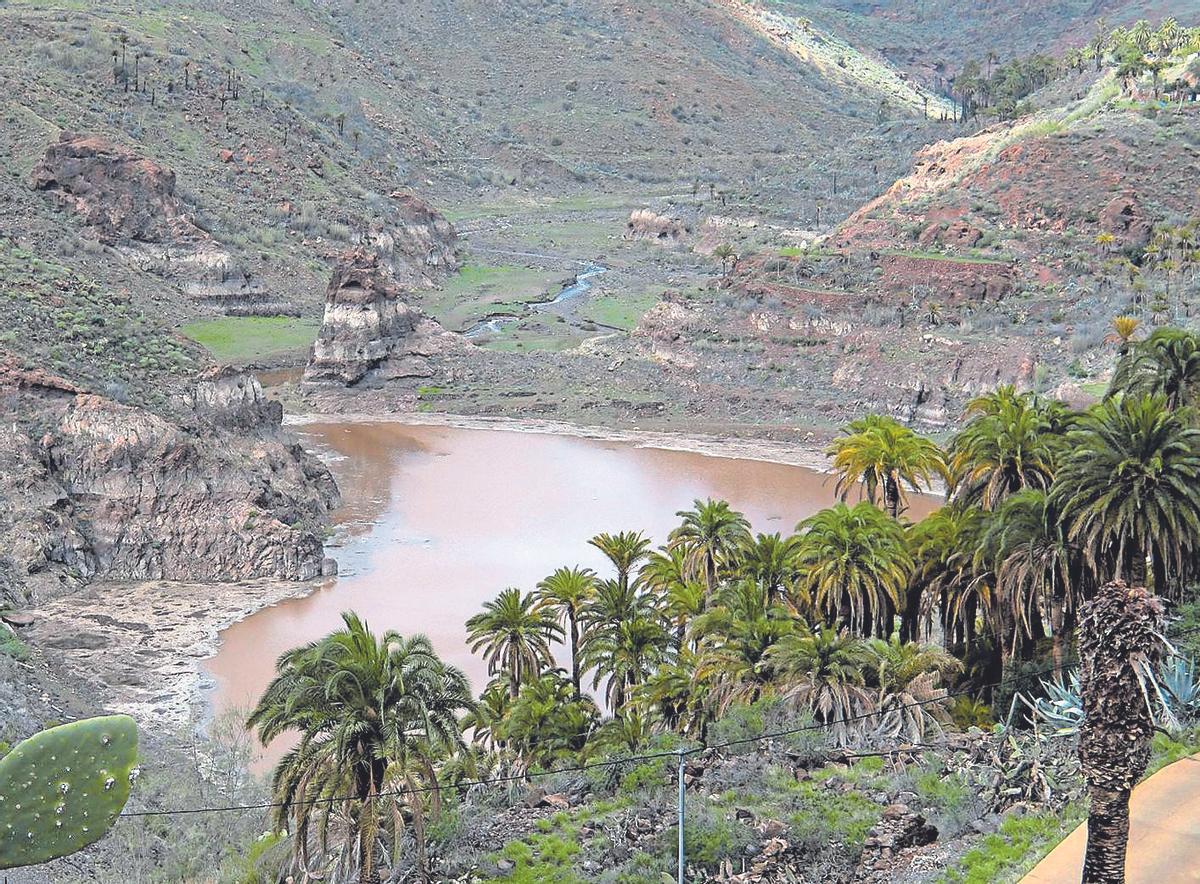 La presa de La Sorrueda recibe agua del Barranco de Tirajana, en la mañana de este domingo.