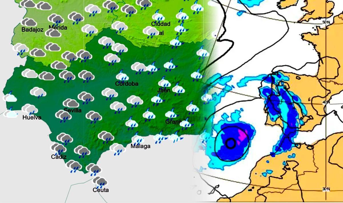 Previsión de Aemet el miércoles de madrugada en Andalucía y mapa de ECMWF el mismo día.