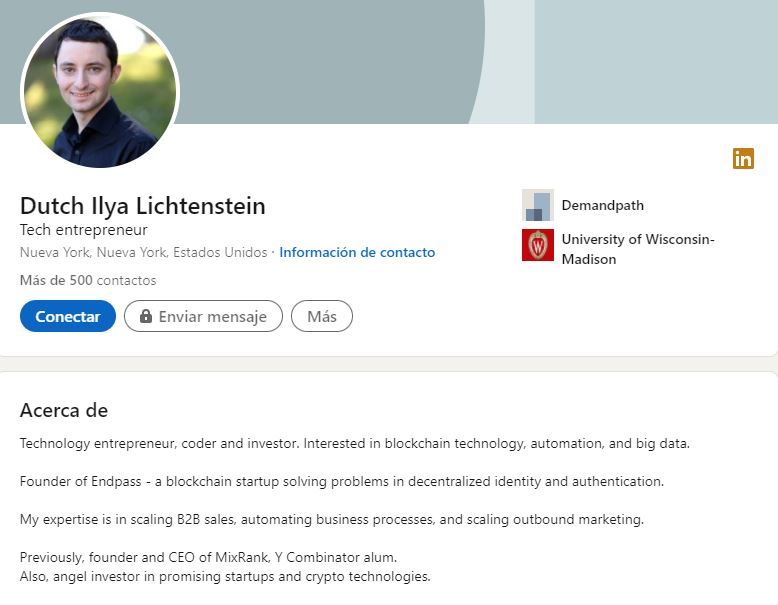 La página de LinkedIn de Ilya "Dutch" Lichtenstein 