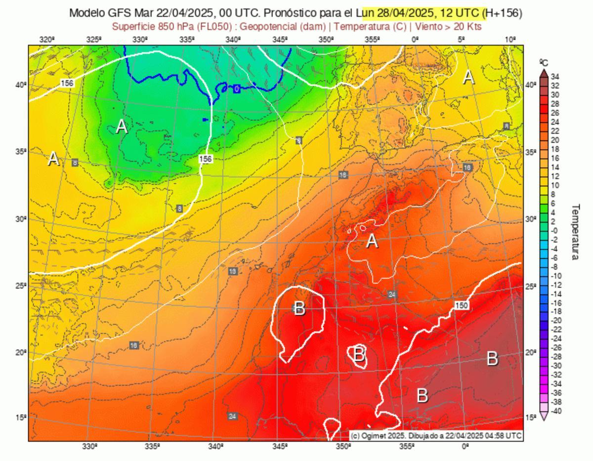 Modelo GFS para el lunes 28 de abril