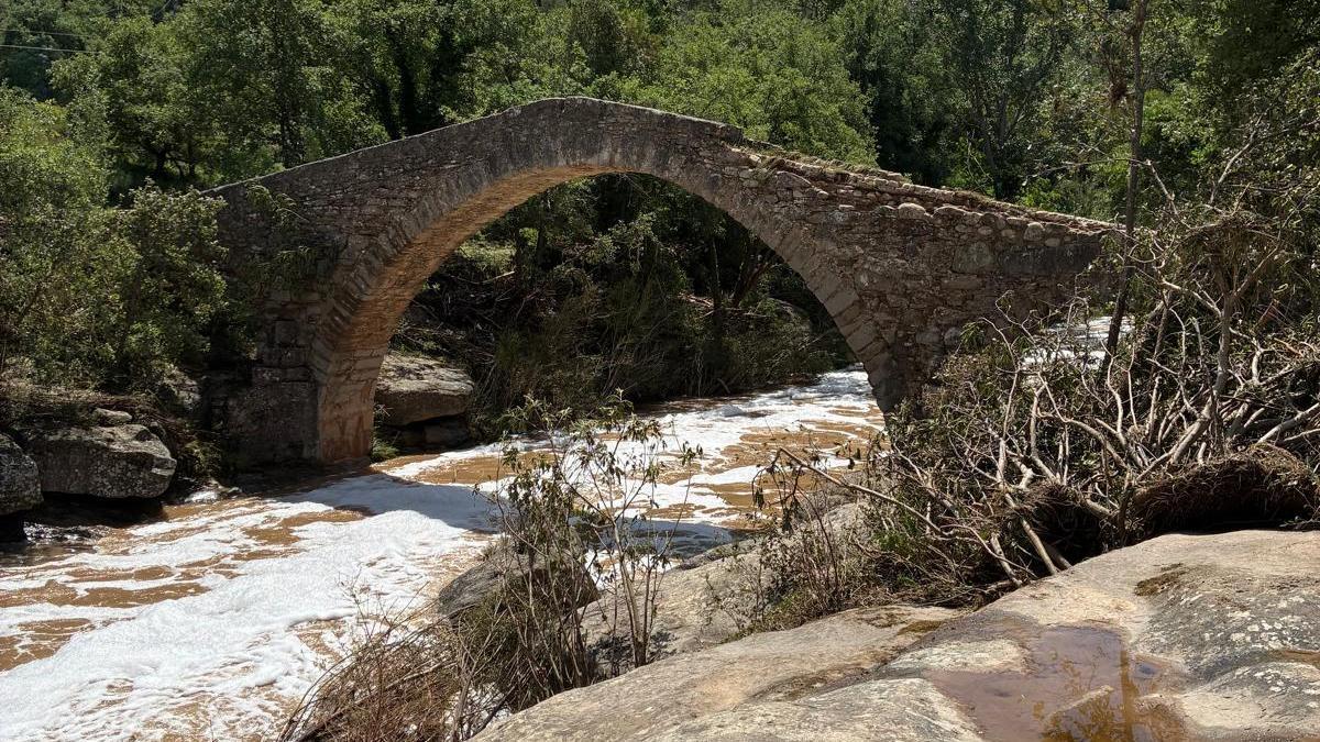La barana trencada gairebé fins al vèrtex al pont de Sant Martí mostra el nivell de l'aigua la nit de Corpus