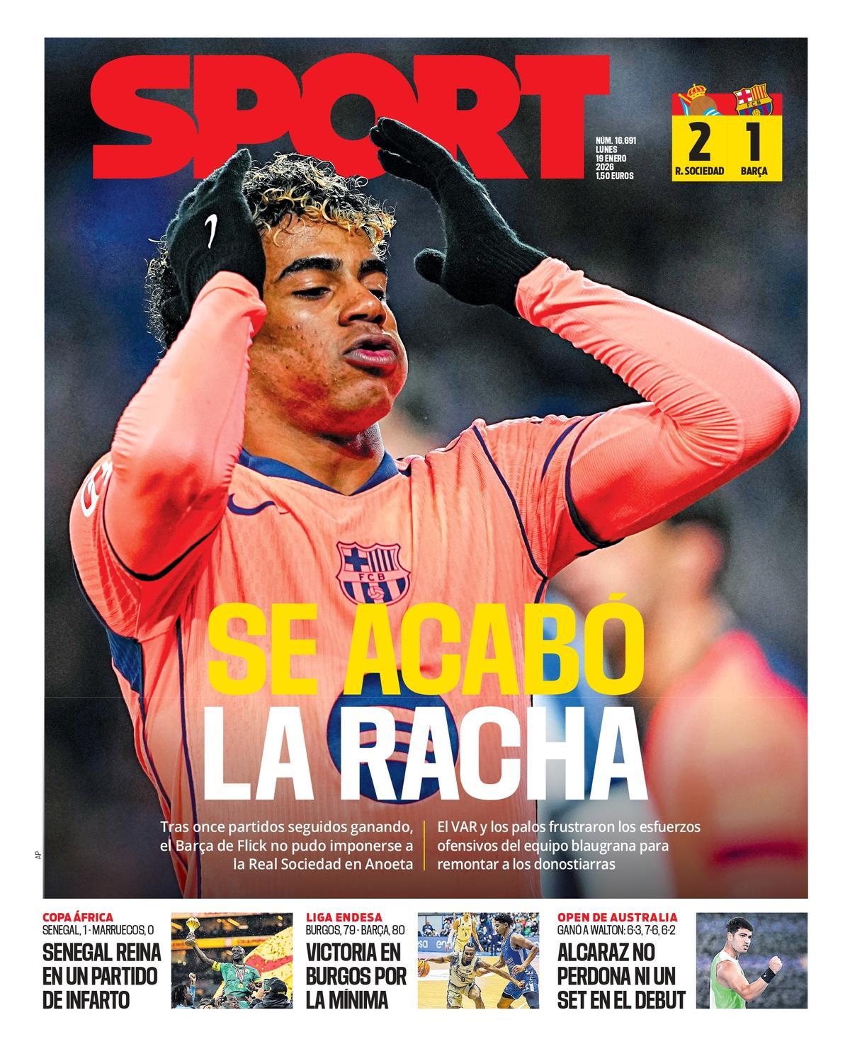 Esta es la portada de SPORT de hoy, 19 de enero de 2026