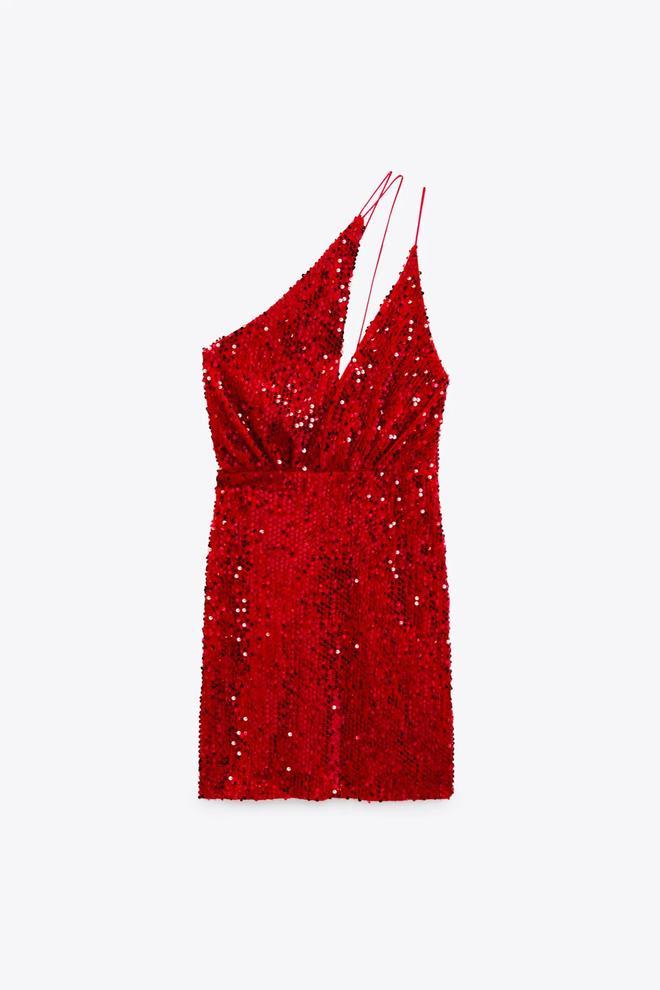Vestido de lentejuelas y terciopelo rojo de escote asimétrico de Zara