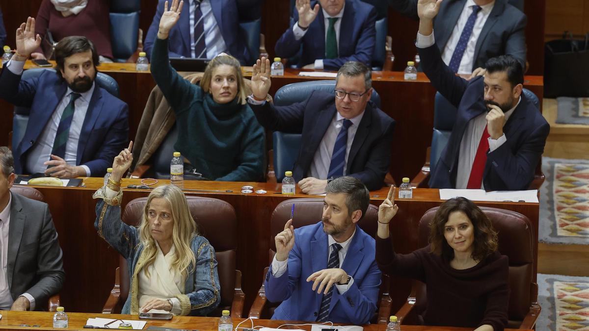 Isabel Díaz Ayuso durante una votación en un pleno de la Asamblea de Madrid.