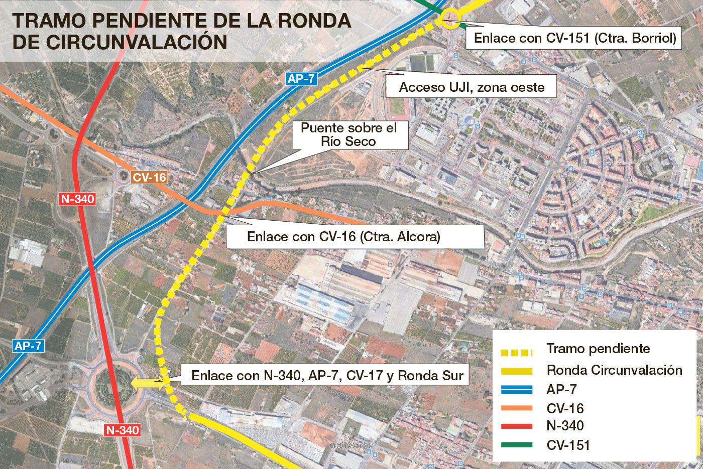 Plan con el trazado general de la futura ronda oeste de circunvalación (pespunteada en amarillo).