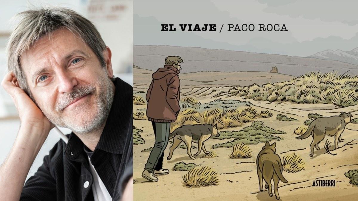 Paco Roca junto a la portada de su nuevo libro "El viaje".