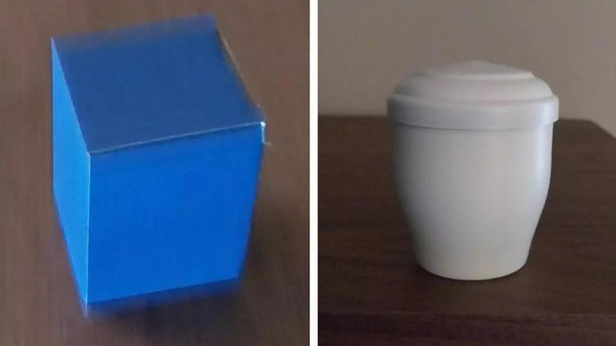 Imagen de la caja que contenía la urna funeraria; así como de la urna que están buscando los padres de María.