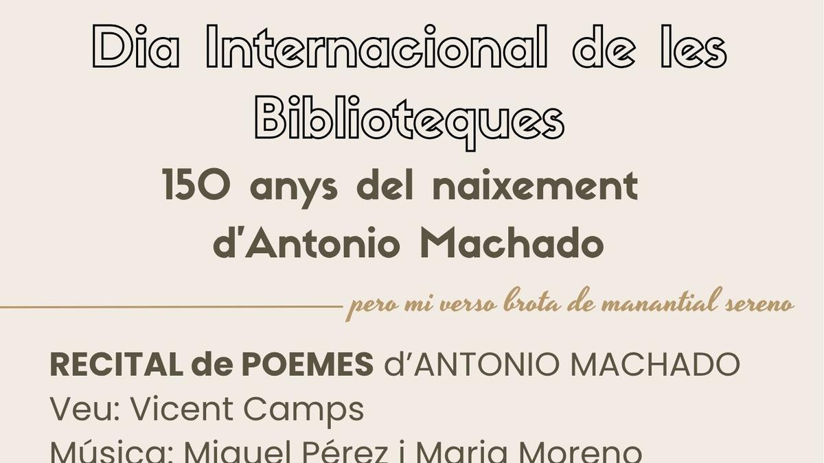 Cartel del Día de las Bibliotecas que se celebrará en Xàtiva con homenaje a Antonio Machado.