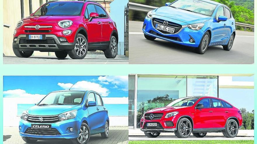 De izquierda a derecha y de arriba a abajo: el Fiat 500X, el Mazda2, el Suzuki Celerio y el Mercedes-Benz GLE Coupé