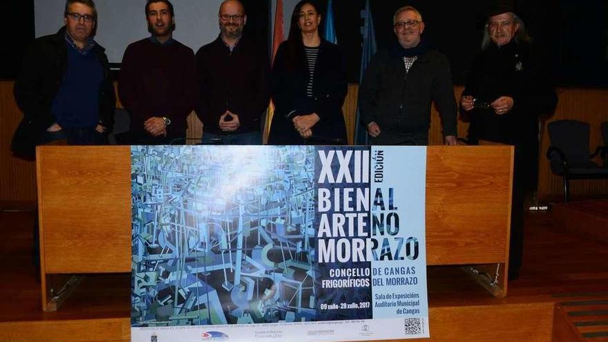 La presentación de Arte no Morrazo, ayer en el salón de plenos. De izq. a dch., Juanjo Pérez, Xosé Leal, Héitor Mera, Sonia Barreiro, Xosé Manuel Pazos y Camilo Camaño. // Gonzalo Núñez