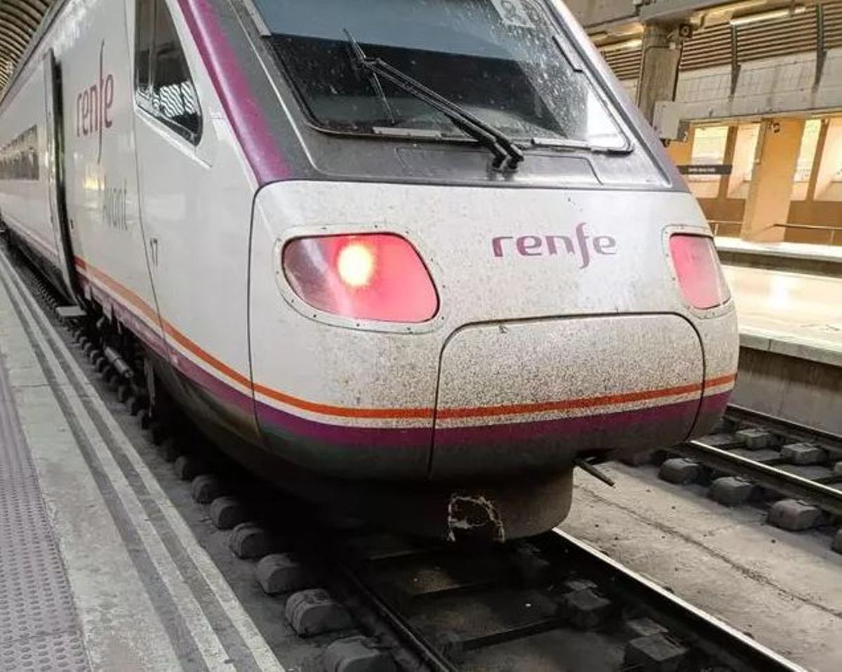 La maquina del Avant Córdoba-Sevilla al llegar a la estación de Santa Justa, con desperfectos en los bajos tras el impacto dubrido durante el trayecto con lo que pudeo ser un animal, según Renfe. Imagen facilitada por un pasajero.