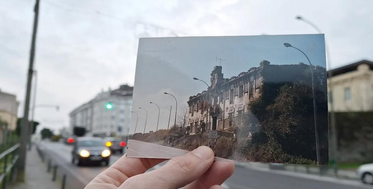 Fotografía del antiguo asilo Manuel Naveira y, al fondo, el hotel que se levanta en la zona en la actualidad.