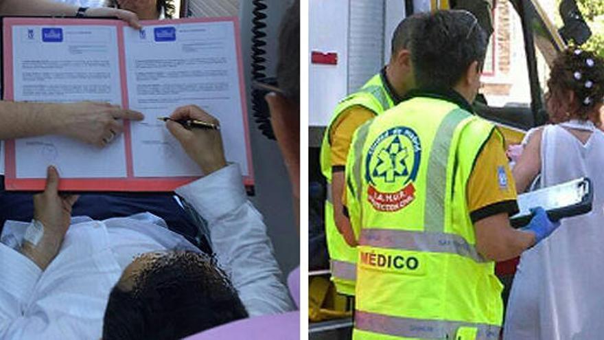 El novio firma en la ambulancia con la novia junto a ella.