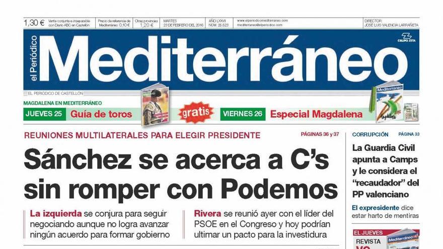 Sánchez se acerca a Ciudadanos sin romper con Podemos, en la portada de Mediterráneo
