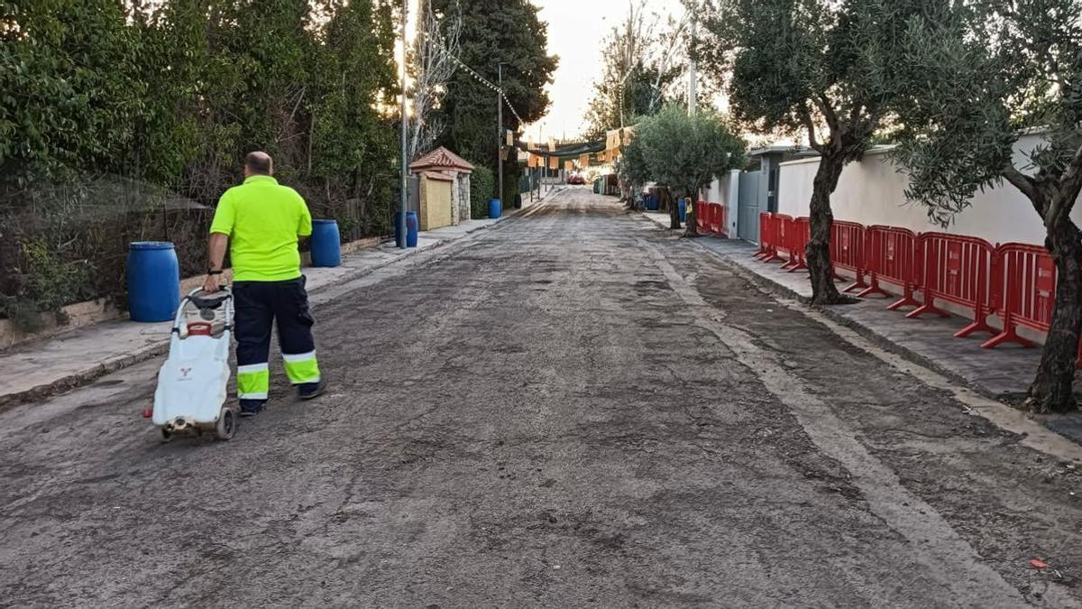 Un operario aplica tratamientos en una urbanización.