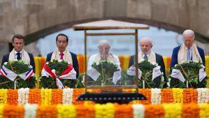 Los presidentes de Francia, Indonesia, India, Brasil y Estados Unidos, durante la clausura de la cumbre del G20.