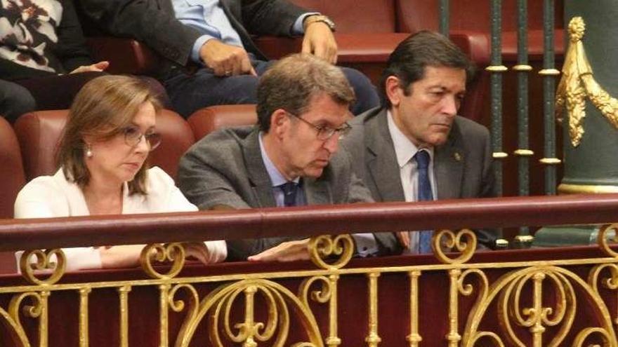 Elvira Fernández Balboa (esposa de Rajoy), Alberto Núñez Feijóo (presidente de Galicia) y Javier Fernández, siguiendo la sesión.