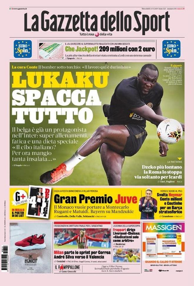 Portada de La Gazzetta dello Sport del 14 de agosto