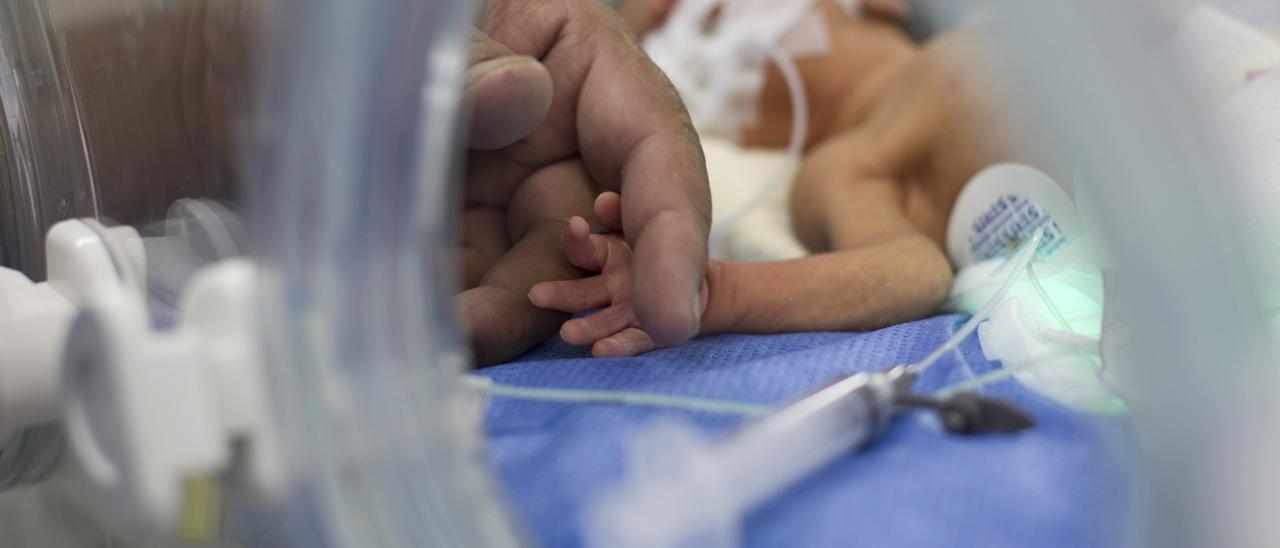 Un bebé prematuro sujeta el dedo de la mano de un adulto en la incubadora.