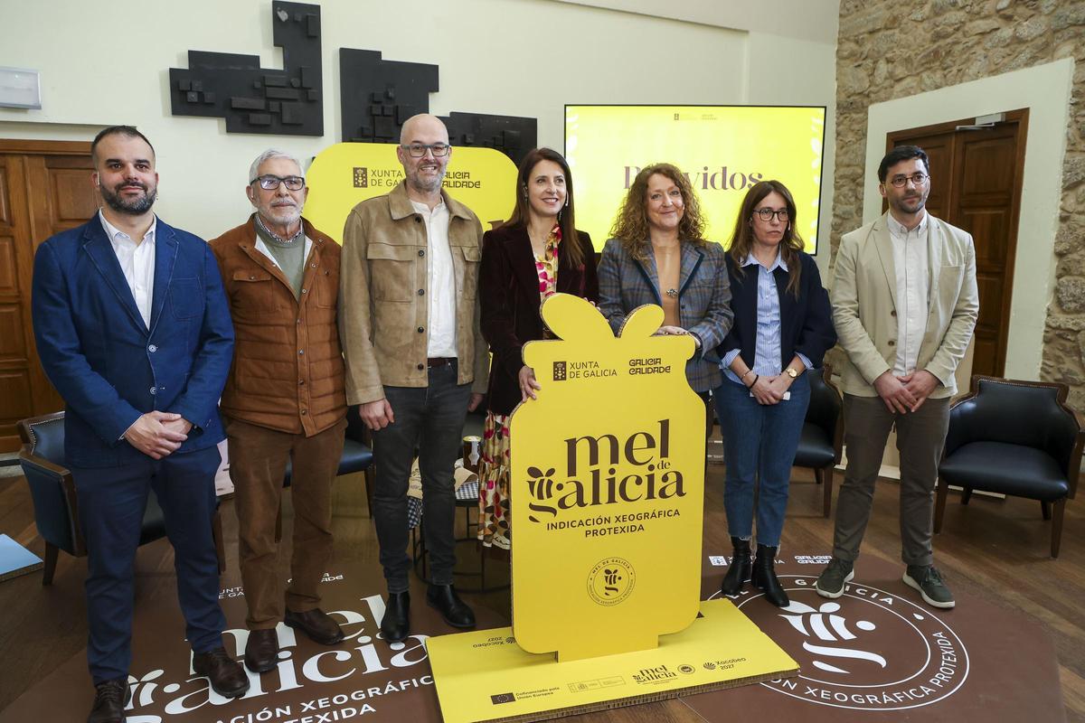 Tercero por la izquierda, Martín Alemparte, director de la Axencia Galega de Calidade Alimentaria (Agacal); seguido de María José Gómez, conselleira de Medio Rural, y Esther Ordóñez, presidenta del Consello Regulador de la IXP Mel de Galicia, con representantes del sector apícola gallego en la presentación de la nueva identidad visual de la denominación