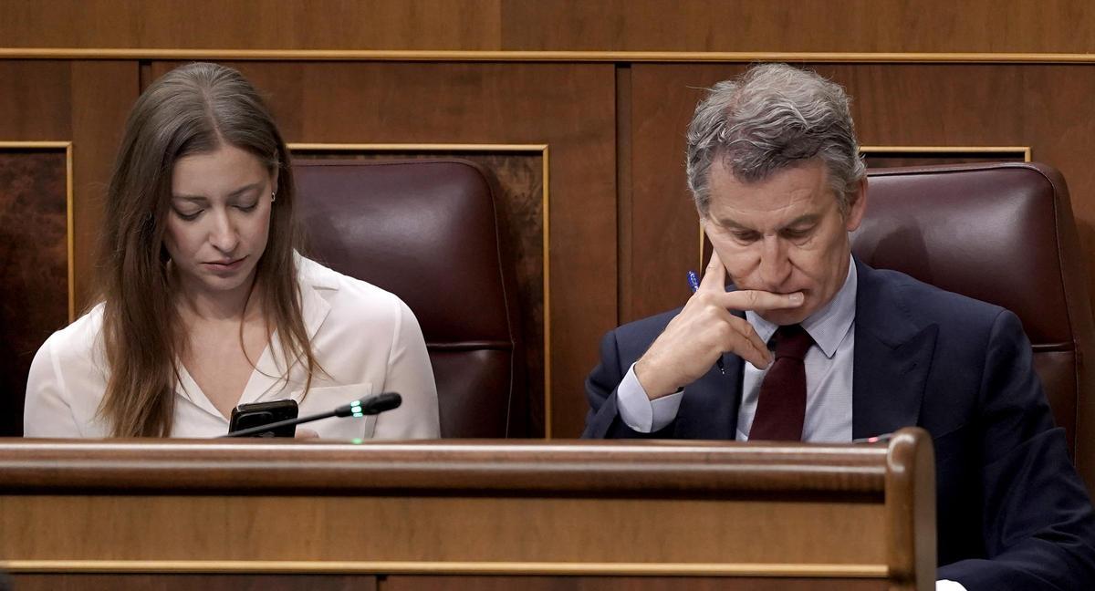 Alberto Núñez Feijóo y la portavoz del PP, Ester Muñoz, en sus escaños del Congreso esta semana.