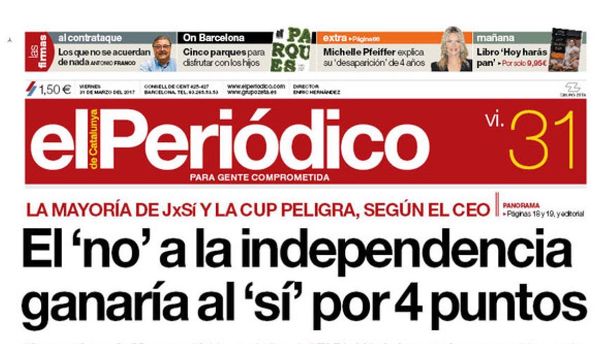 La portada de EL PERIÓDICO del 31 de marzo del 2017.