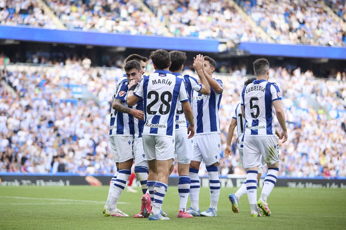 Mikel Oyarzabal of Real Sociedad celebrates after scoring goal during the LaLiga EA Sports match between Real Sociedad and Girona FC at Reale Arena on May 18, 2025, in San Sebastian, Spain. AFP7 18/05/2025 ONLY FOR USE IN SPAIN. Ricardo Larreina / AFP7 / Europa Press;2025;SPAIN;SPORT;ZSPORT;SOCCER;ZSOCCER;Real Sociead v Girona FC - LaLiga EA Sports;