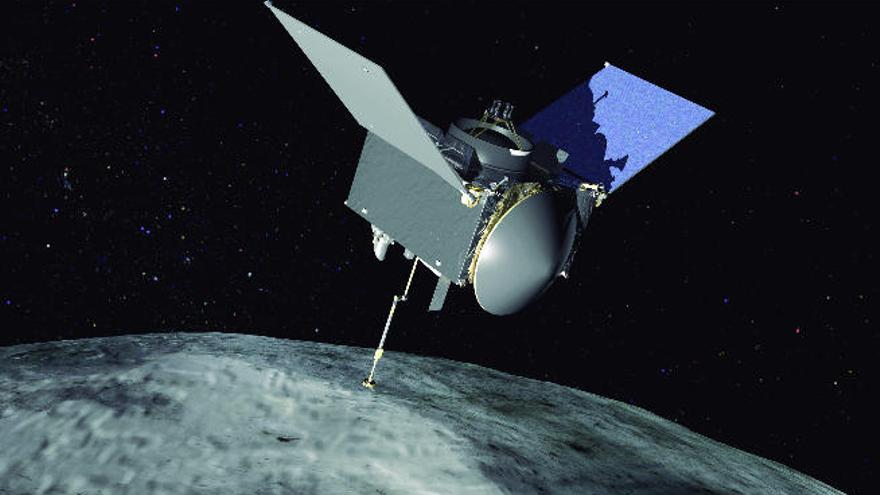 Diseño 3D de la sonda Osiris-Rex en el asteroide Bennu.