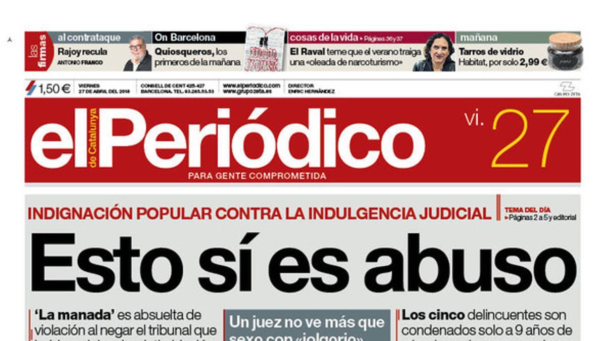 La portada de EL PERIÓDICO DE CATALUNYA del 27 de abril del 2018